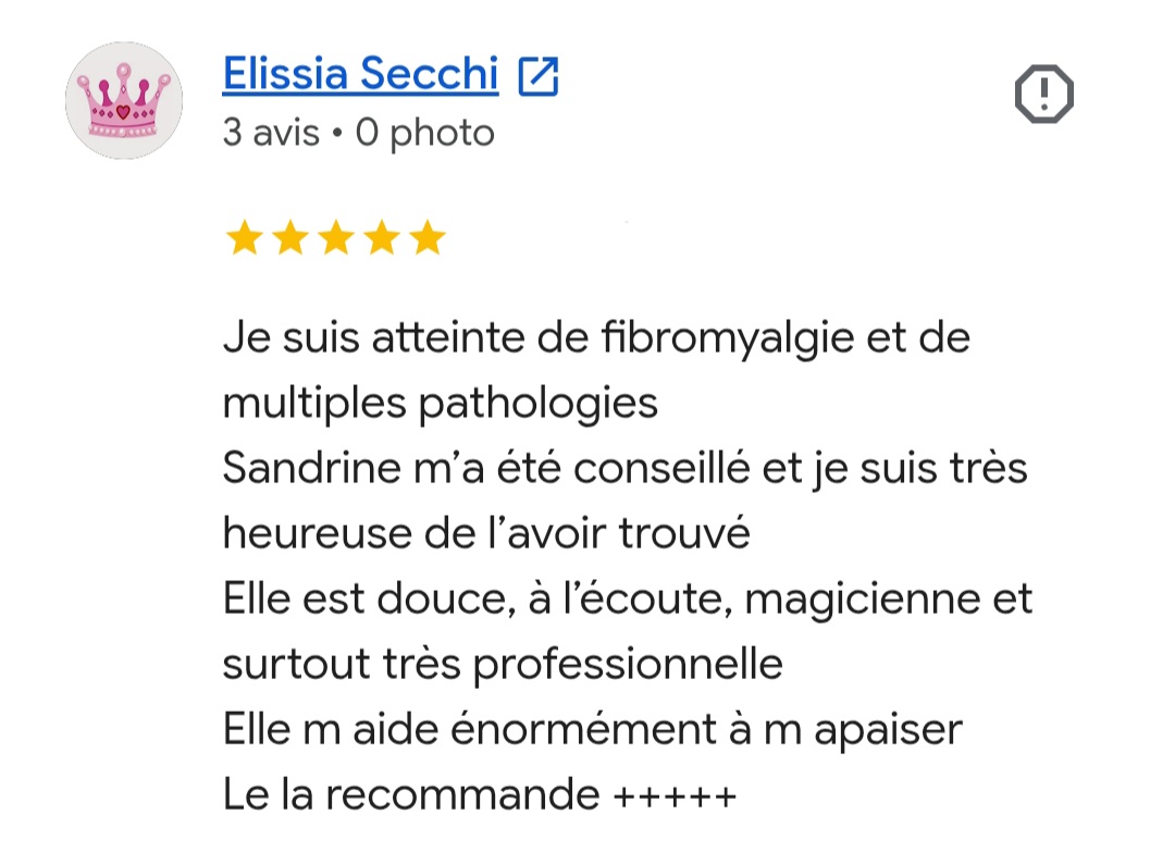 Avis client sur la réflexologie et la fibromyalgie évoquant un apaisement