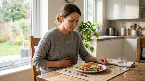 Femme assise à table, une main sur le ventre, ressentant un inconfort digestif