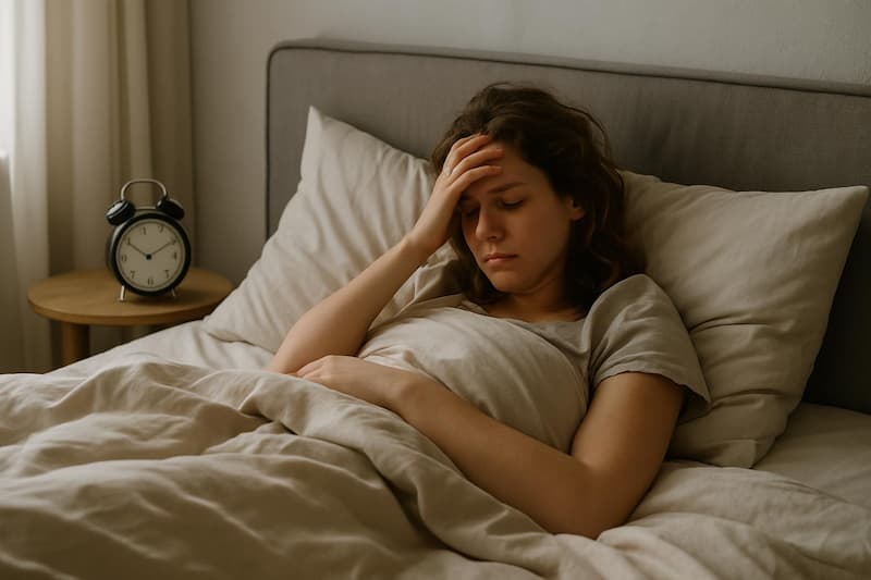 femme au lit (1) Femme épuisée assise au bord du lit après une nuit peu récupératrice
