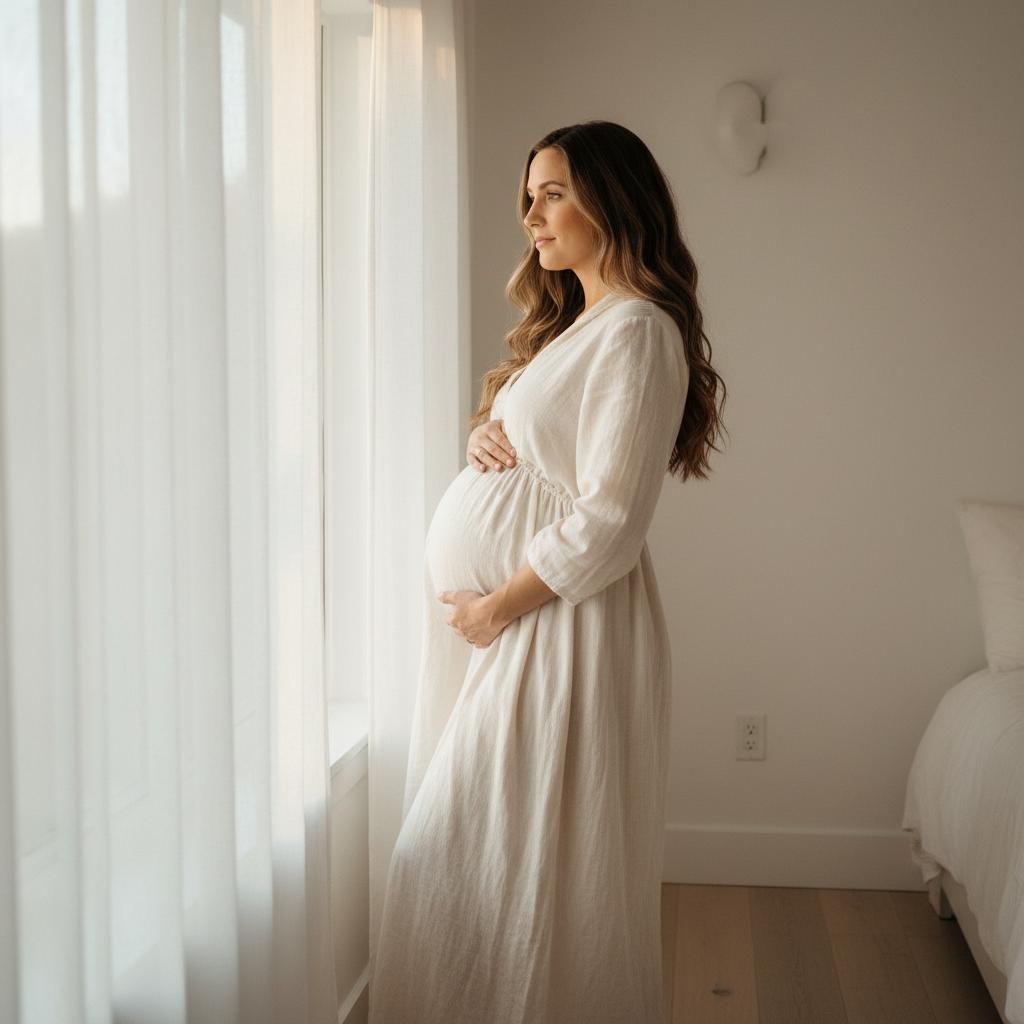 femme enceinte regarde par la fenêtre Femme enceinte debout près d'une fenêtre, les mains posées sur son ventre
