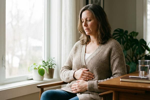 Femme assise, une main sur le ventre, ressentant un inconfort digestif
