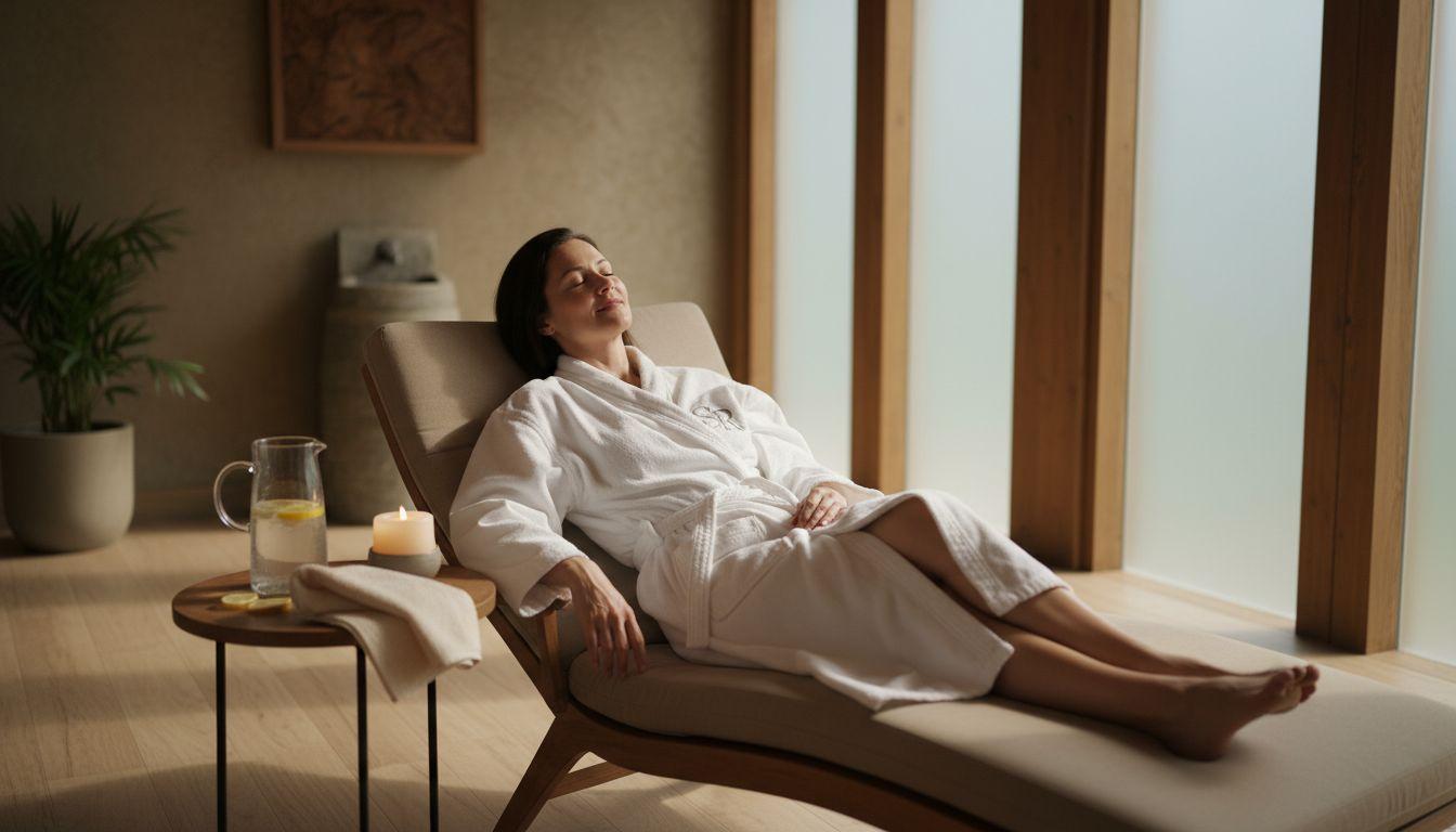 Femme se relaxant dans un fauteuil après une séance de réflexologie